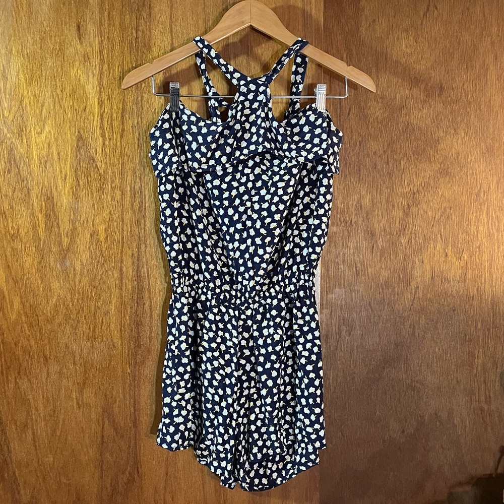 Faithfull the Brand Navy Blue and Cream Floral Print Romper